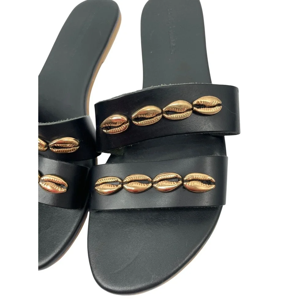 SALT +‎ UMBER Cowrie gold Shell Leather slide Sandals Size 8 black chic boho
